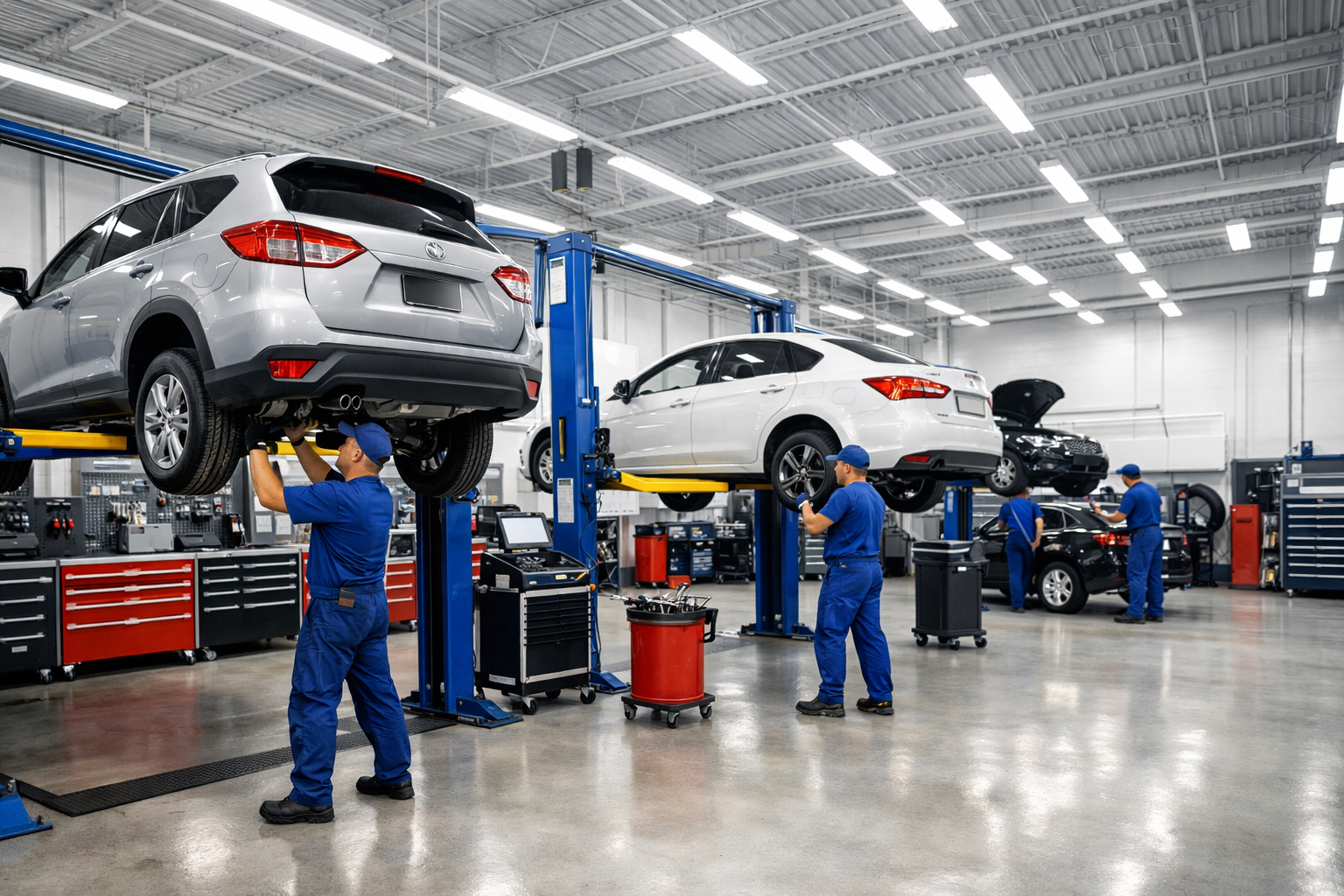 Professional automotive repair garage with mechanics